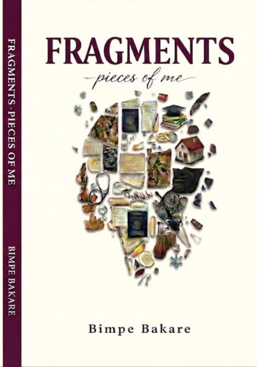 Front cover of Fragments: Pieces of Me by Bimpe Bakare — a collage-style illustration forming a human figure on a cream background